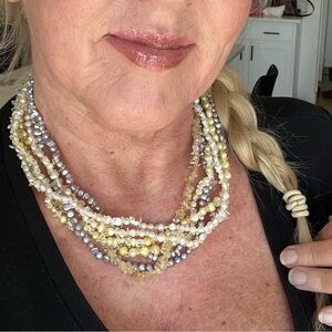 Faux multi colored pear beaded necklace multi strands yellow white gray